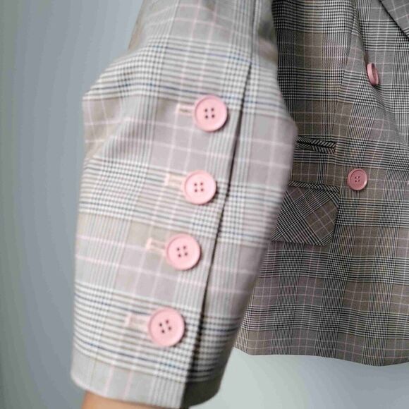 Yiner Plaid Double Breasted Blazer Pink Buttons Notched Lapel Long Sleeves Small - Picture 7 of 9